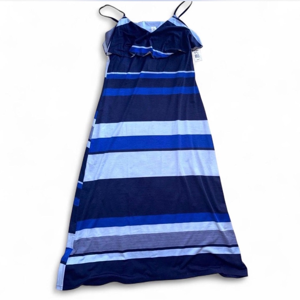 Allison Brittney Blue Striped Ruffle Neck Maxi Dress XL NWT